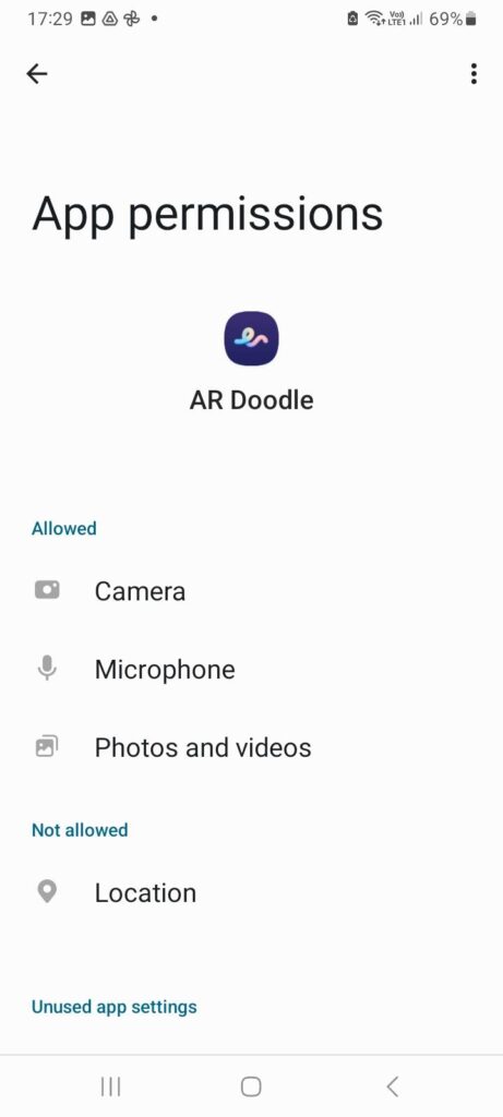 App permissions for AR Doodle