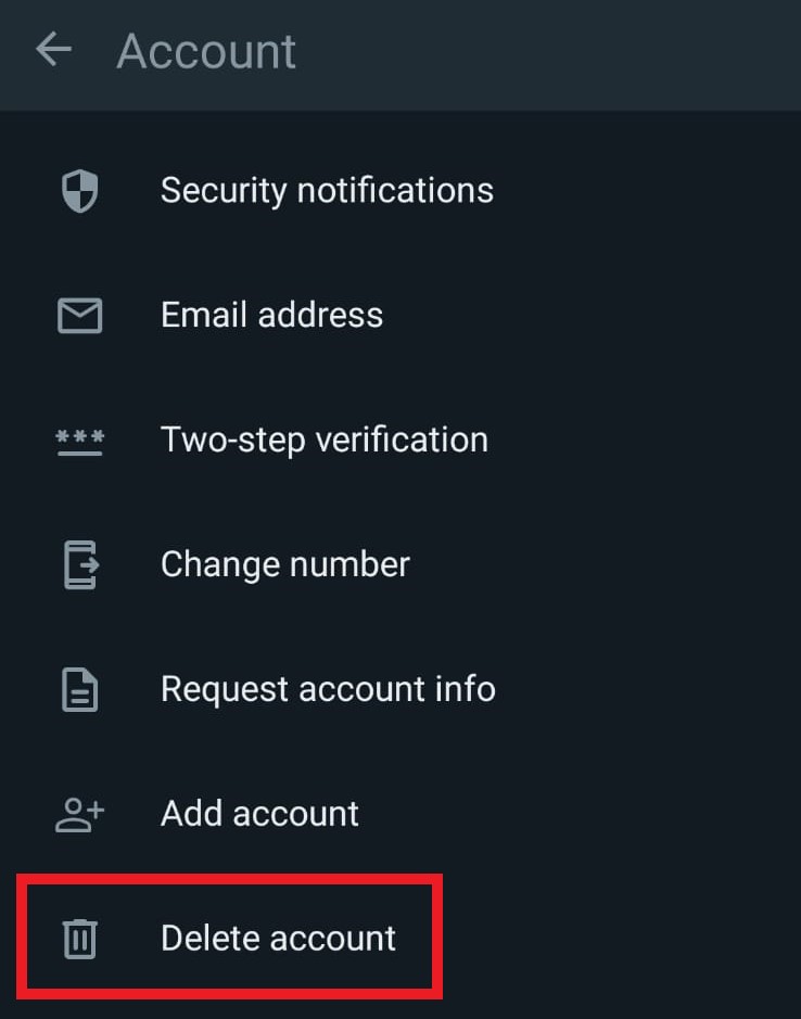 WhatsApp Settings - "Delete Account"