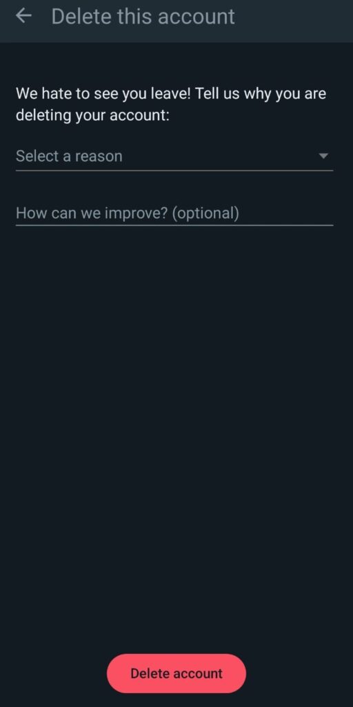 WhatsApp "Delete this account" - reason for deleting account 