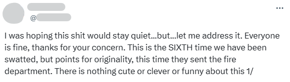 Twitter post about being swatted