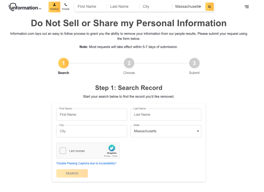 Information.com 'Do Not Sell or Share my Personal Information' search record screen 