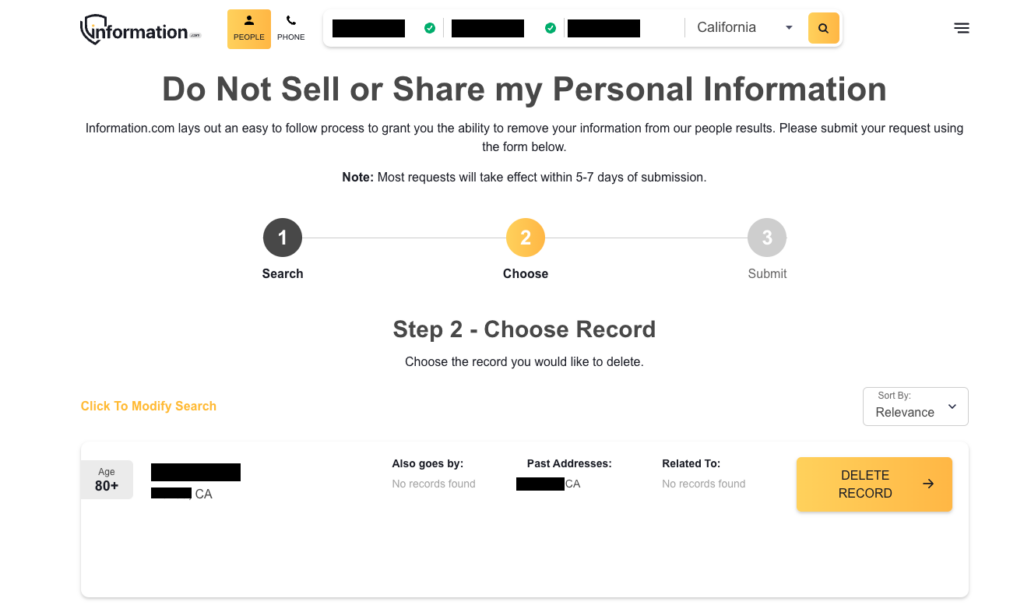 Information.com 'Do Not Sell or Share my Personal Information' choose record screen 