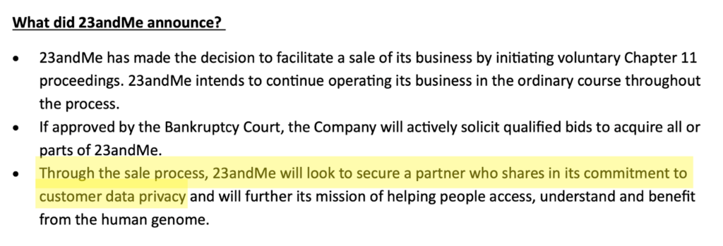 What Did 23andMe announce? - "Through the sale process, 23andMe will look to secure a partner who shares in its commitment to customer data privacy." 