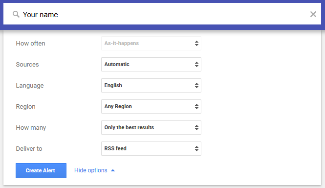 Google Alerts set up page