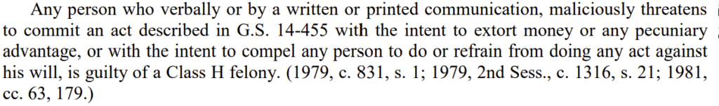 North Carolina General Statute § 14-457 - extortion