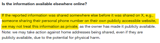 Factors Twitter takes into account when reviewing doxxing reports - is the information available elsewhere online