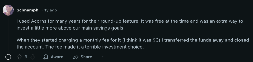 Reddit post about a user's experience with Acorns and why they stopped using it