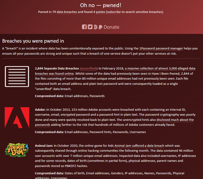 Results on Have I Been Pwned tool