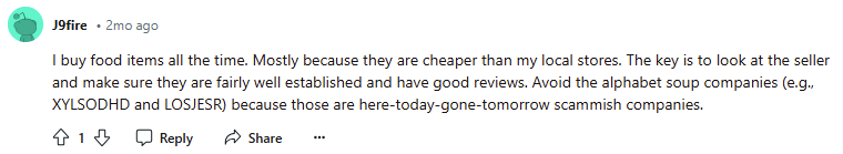 Reddit post about buying food from Amazon