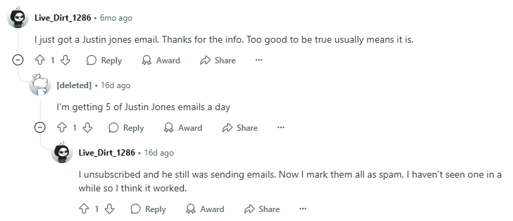 Reddit thread about spam from Apex Focus Group even after unsubscribing