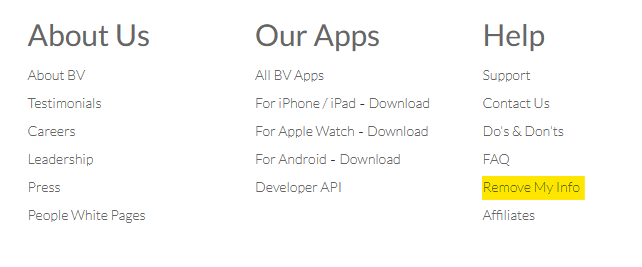 Data broker website footer - remove my info link