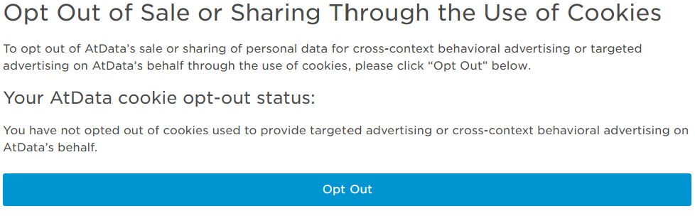 AtData cookie opt out status and button to opt out