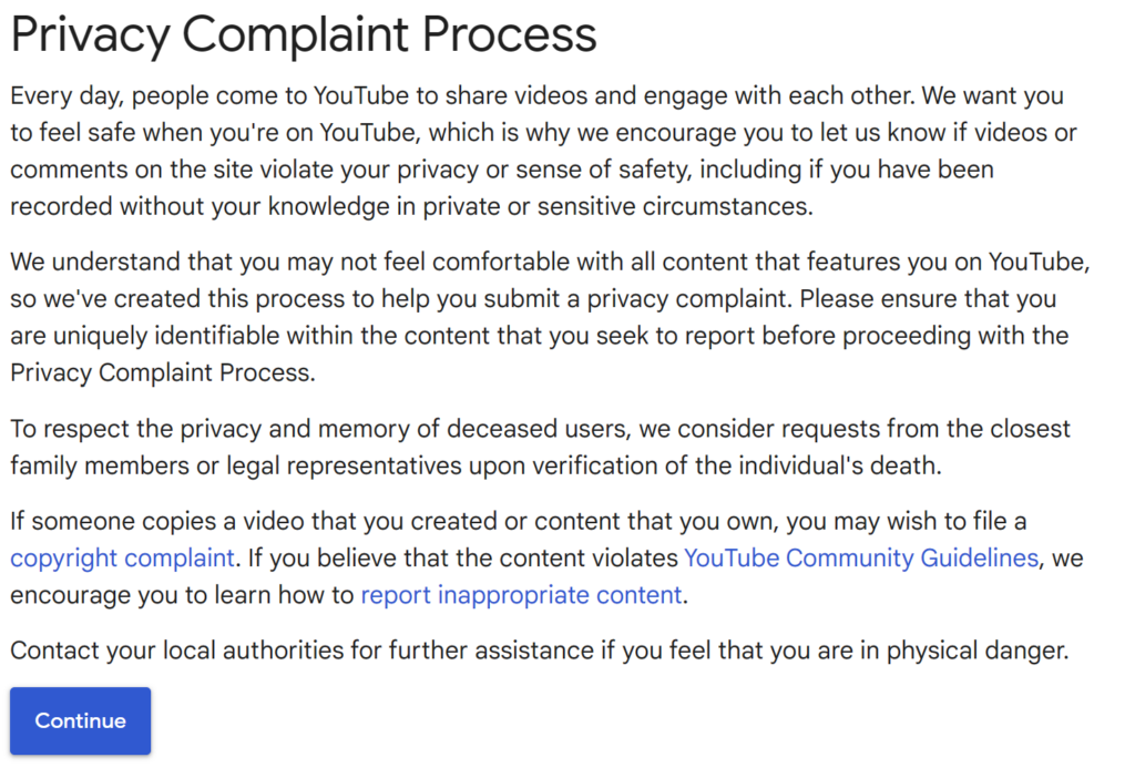 YouTube Privacy Complaint Process