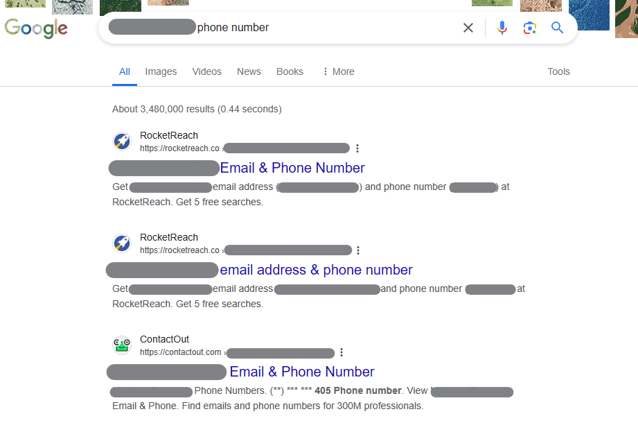 Google search phone number results for a person