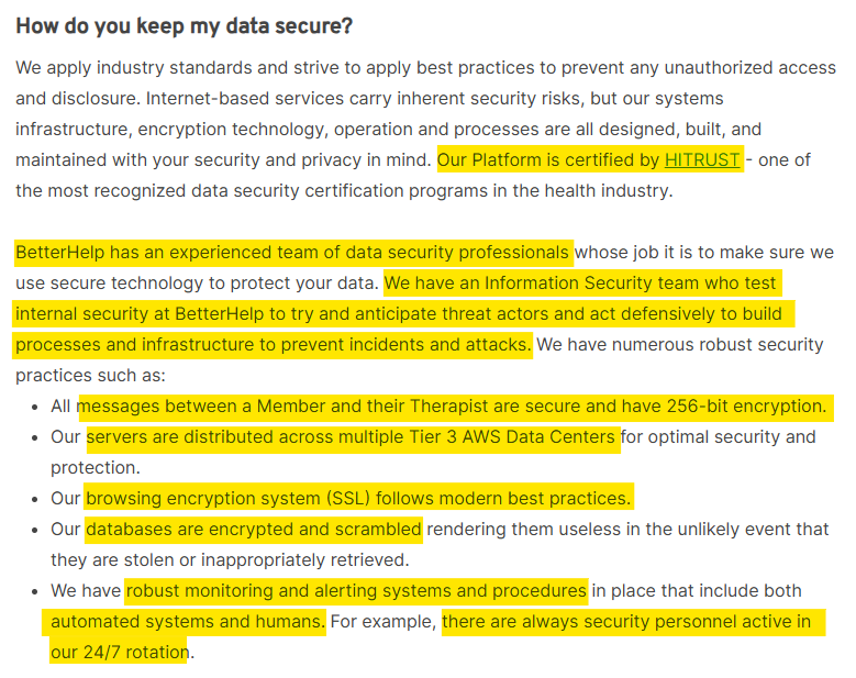 Information on how BetterHelp keeps your data secure