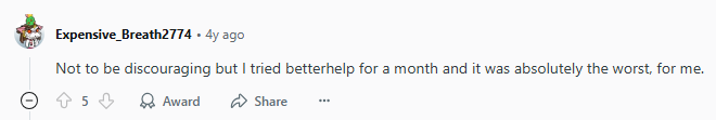Negative Reddit post about BetterHelp