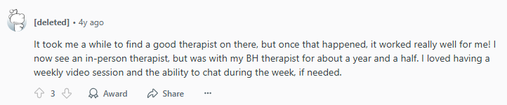 Positive Reddit post about BetterHelp