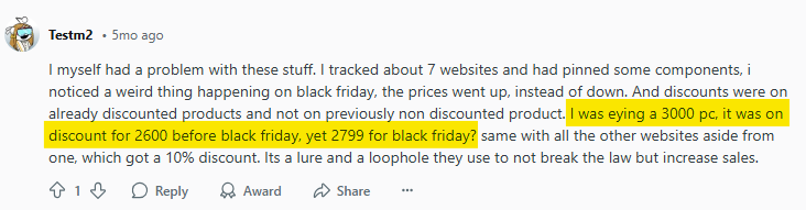 Reddit comment about Black Friday sale (PC that was on discount for 2600 before Black Friday being sold for 2799 on Black Friday).