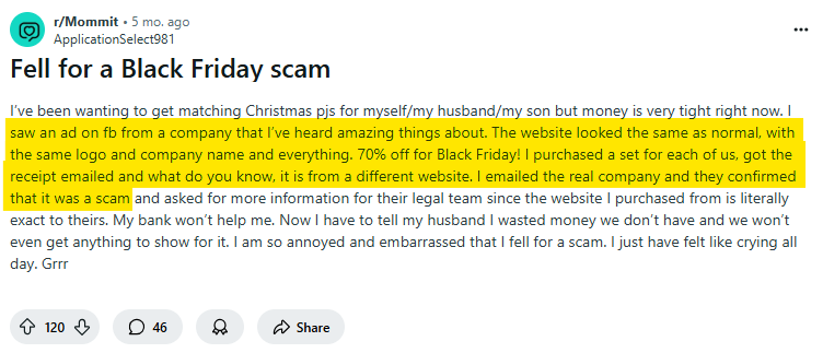 Reddit post about how someone fell for a Black Friday scam