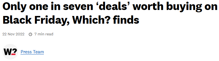 Which? headline: "Only one in seven 'deals' worth buying on Black Friday, Which? finds."
