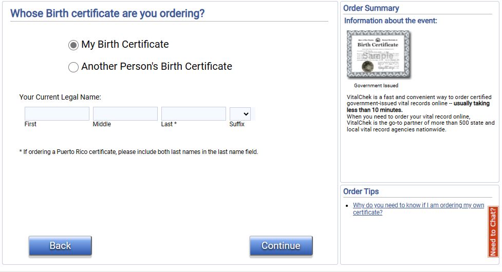 Requesting a birth certificate online in California