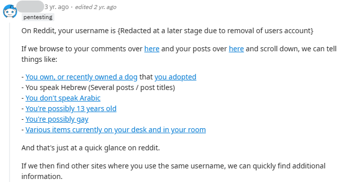 Reddit post doxxing another Reddit user based on their post history