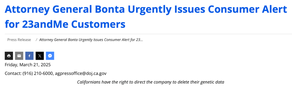 California Attorney General consumer alert about 23andMe bankruptcy 