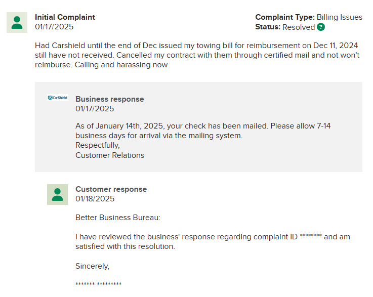 CarShield BBB complaint