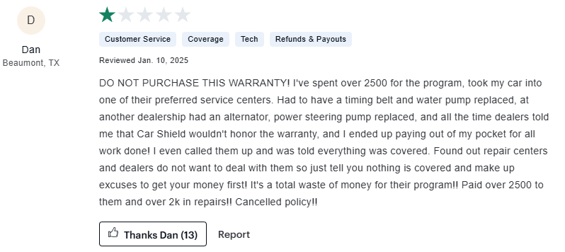 CarShield review on Consumer Affairs