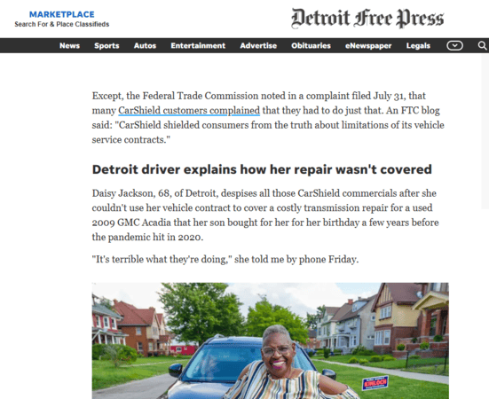 Article about CarShield in the Detroit Free Press