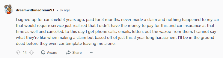 Reddit post - Redditor saying they still get CarShield spam even though they no longer use it