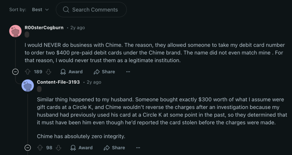 Negative Reddit post about Chime