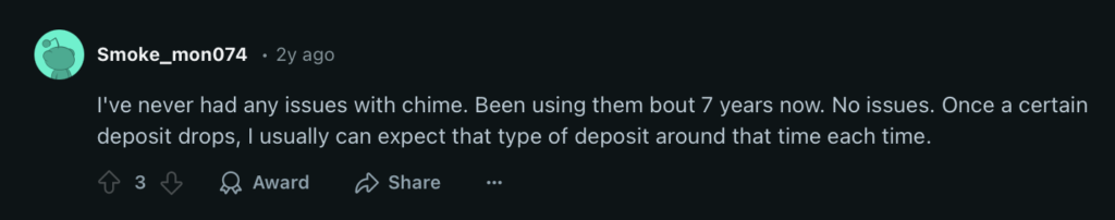 Positive Reddit post about Chime