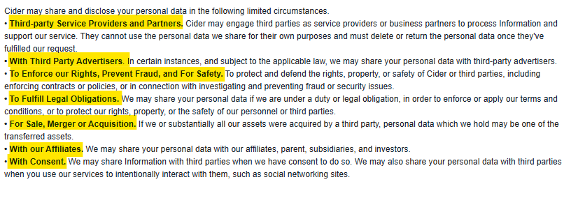 Who Cider shares your personal data with according to its privacy policy 
