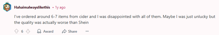 Reddit post about the quality of Cider