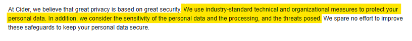 Cider security measures according to its privacy policy 