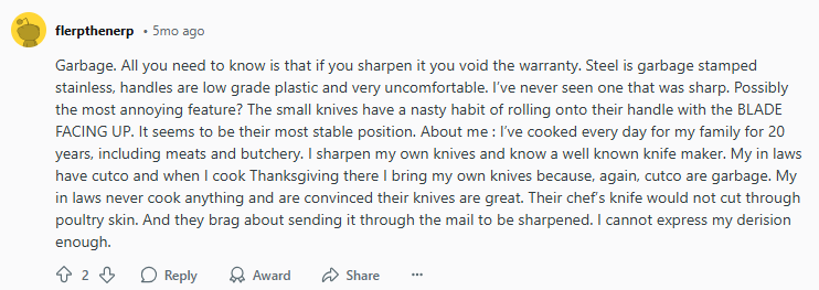 Negative Reddit post about Cutco knives
