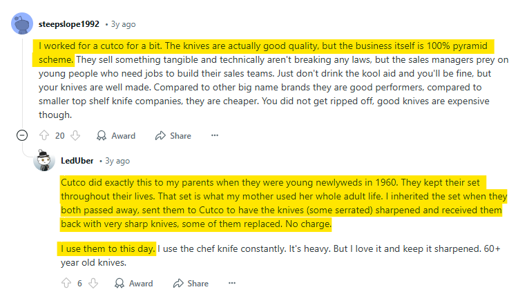Reddit post about Cutco knives from a past employee and someone whose parents got Cutco knives in 1960