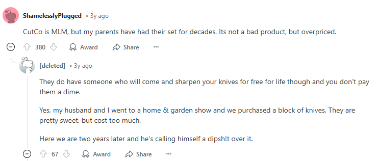 Reddit post about Cutco saying it's an MLM but the knives are good (though overpriced)