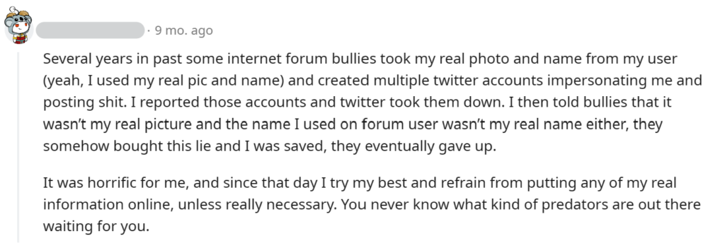 Reddit post about being impersonated on social media
