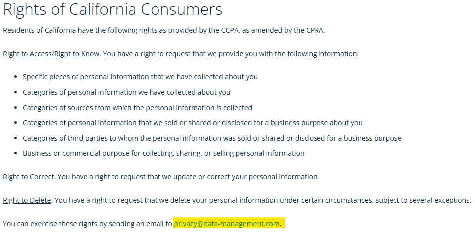 Data-Management California opt out request information