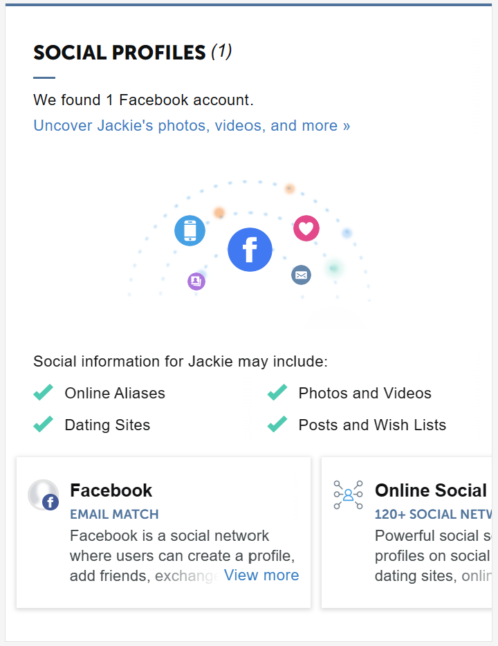 A person's social profiles on their people search site profile
