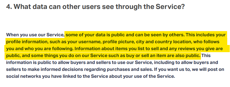 Depop information "What data can other users see through the Service?"