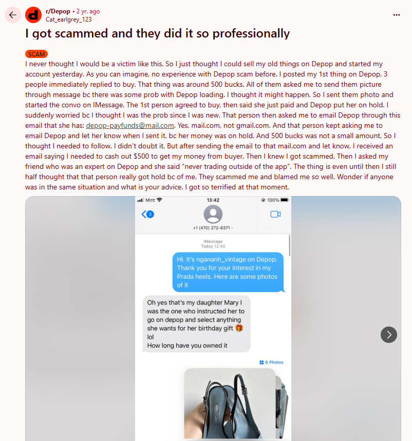Detailed Reddit post about a Depop scam