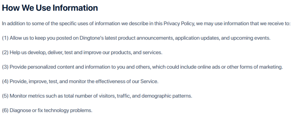 Dingtone 'How we use information' 
