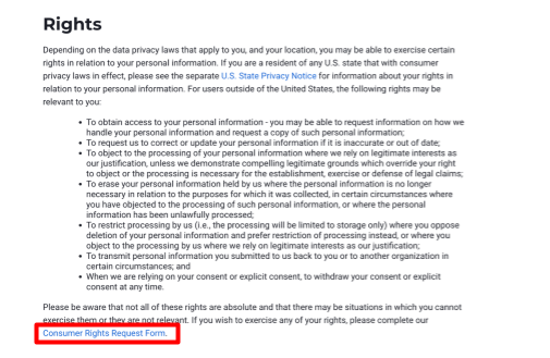 US News right section and link to "Consumer Rights Request Form"
