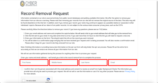 Cyber Background Checks record removal request from - name and email address fields