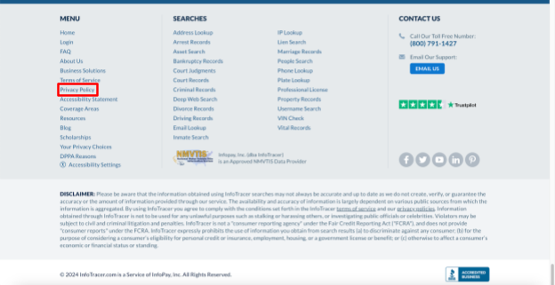 Infotracer footer and "Privacy Policy" link