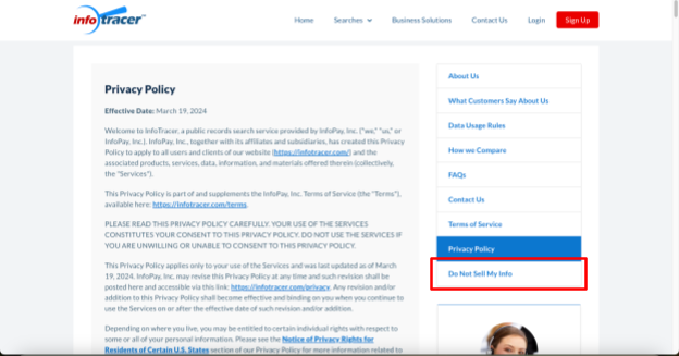Infotracer privacy policy and "Do Not Sell My Info" link