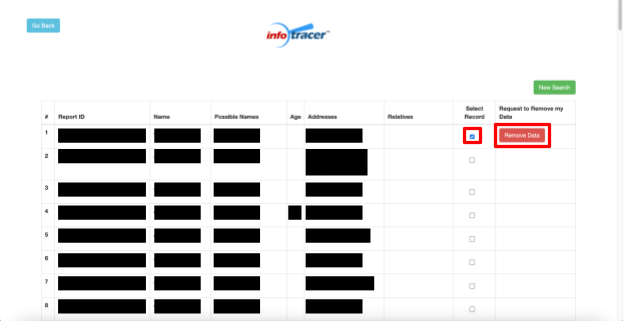Infotracer results list and "Remove Data" button
